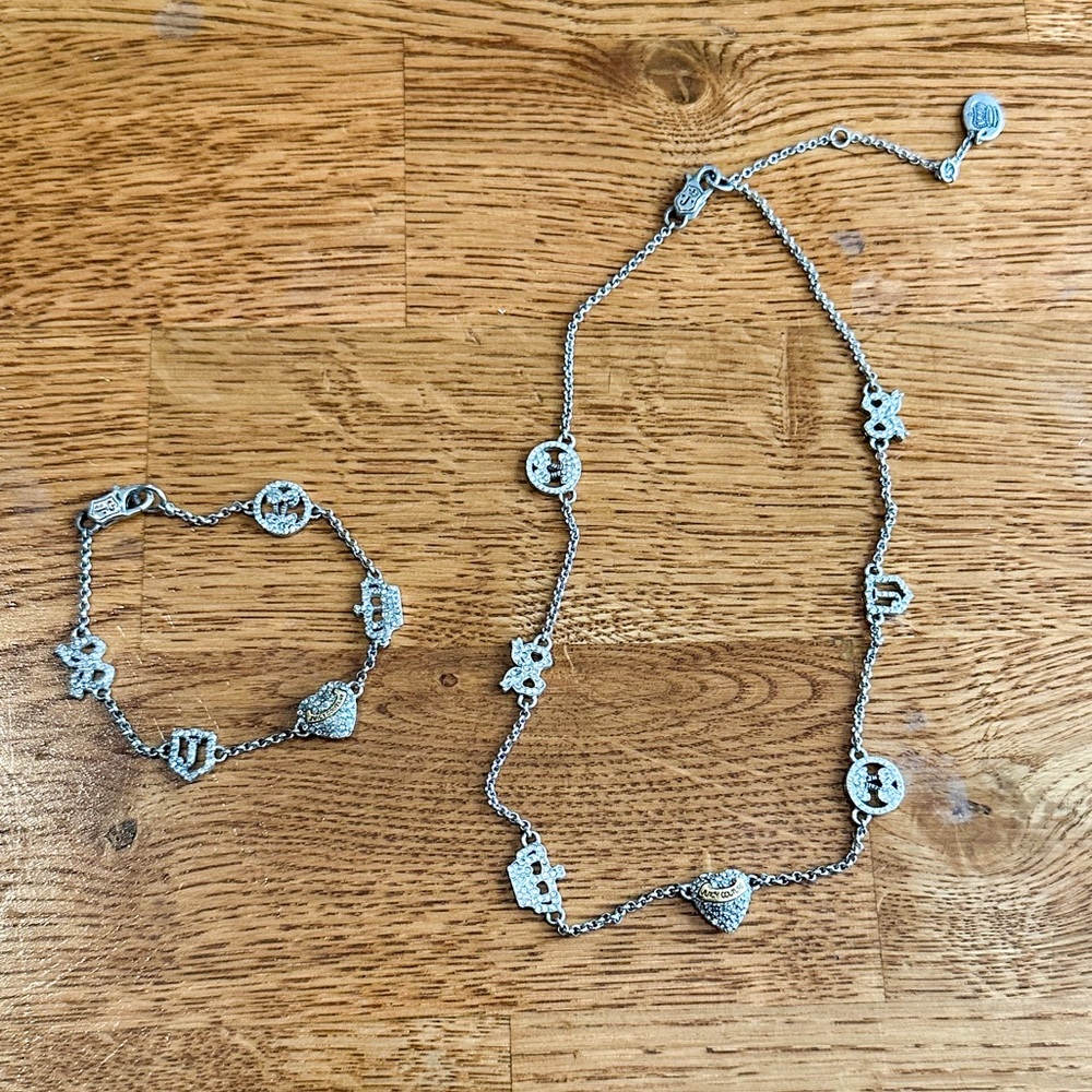 Y2K Juicy Couture Silver Necklace & Bracelet with Heart, Cherry, Crown & Bow